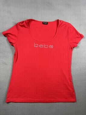 Womens BEBE Red Y2K Rhinestone V-Neck Ribbed Top Size XL, Casual Fashion